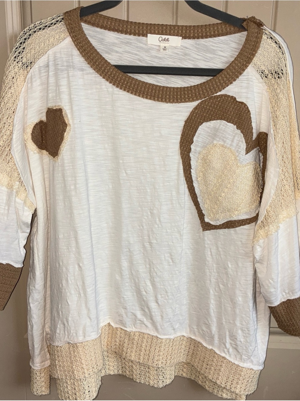 Oddi Cream & Brown Heart Accent Lightweight Blouse